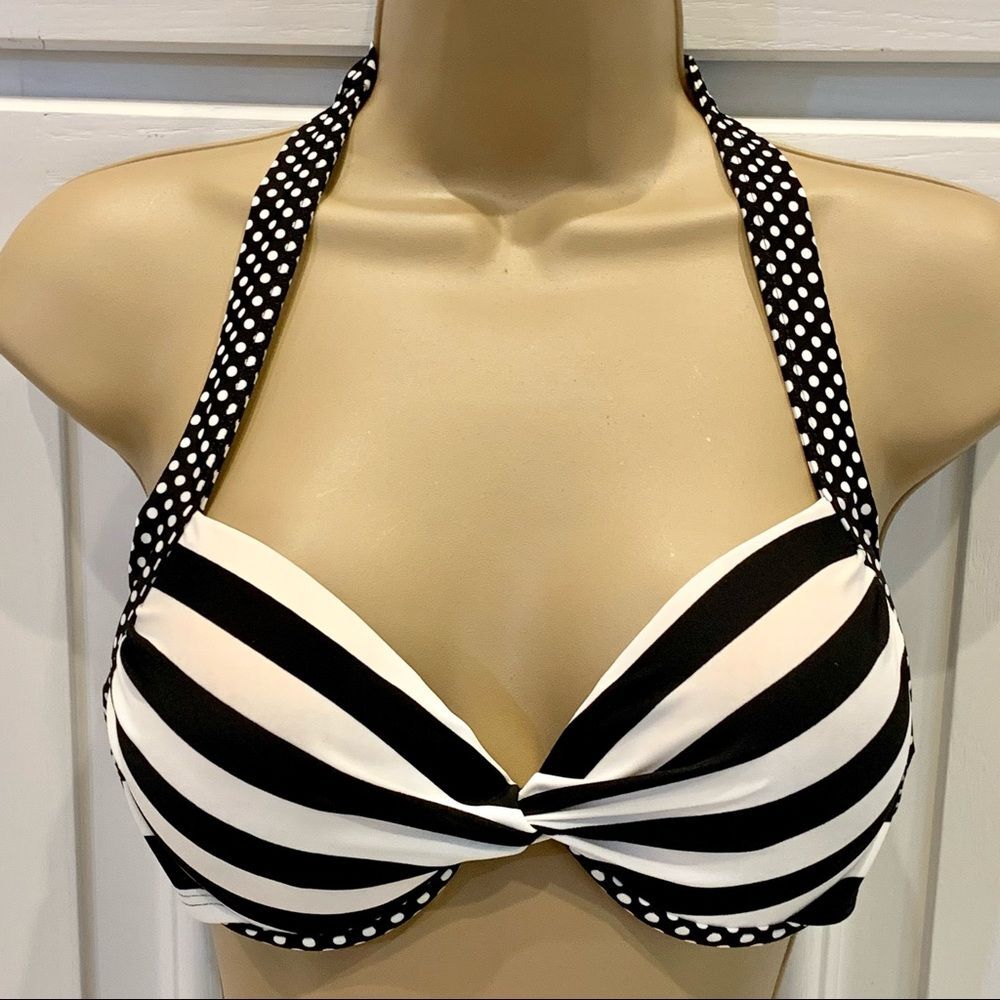 Tahiti Black & White Stripe Polka Dot Bikini Bra‎ S